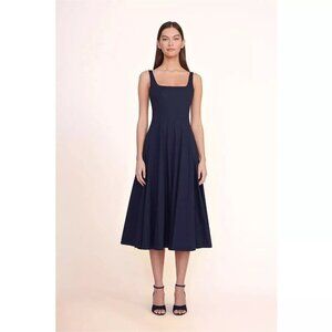 WAYF Corset Midi Dress Fit + Flare Midnight Blue Satin Retro 80s Prom Style Glam